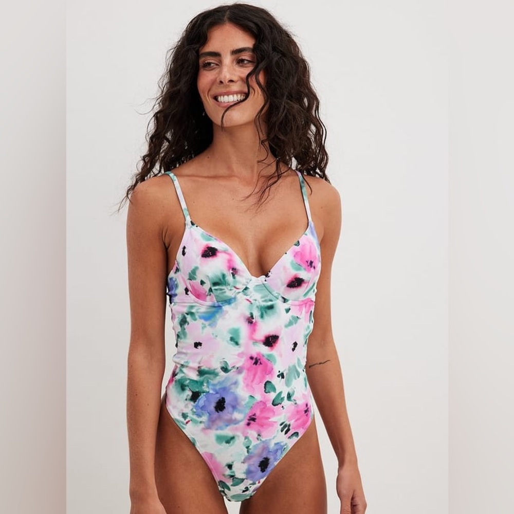 NAKD Pink and Green One Piece Swimsuit High-Cut Design